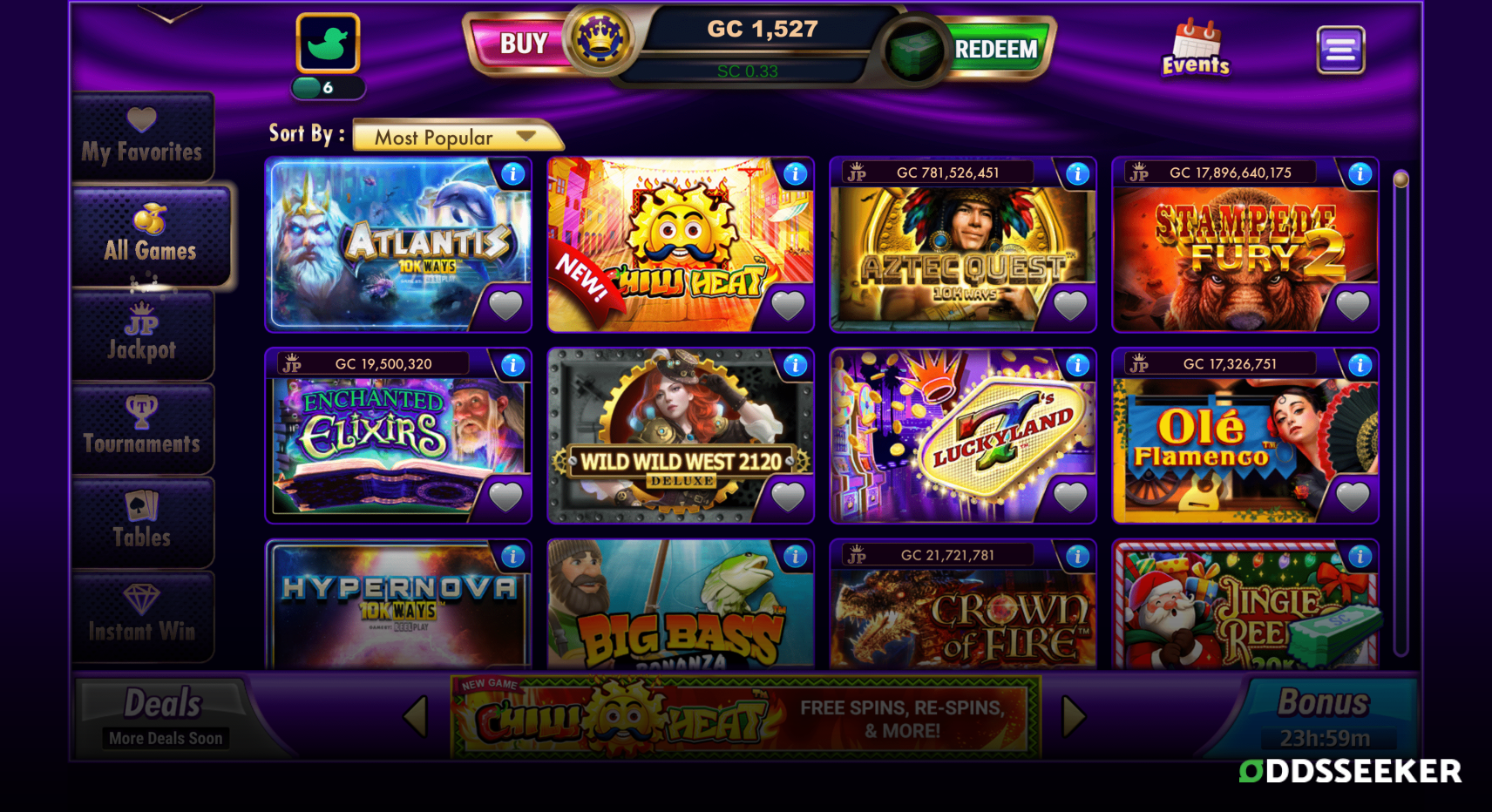 A screenshot of the desktop game library of LuckyLand Slots casino.