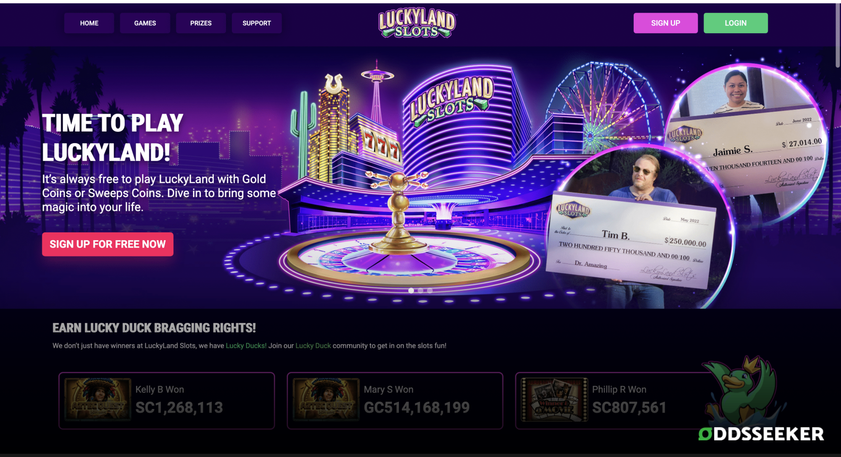 A screenshot of the desktop login screen of LuckyLand Slots casino.