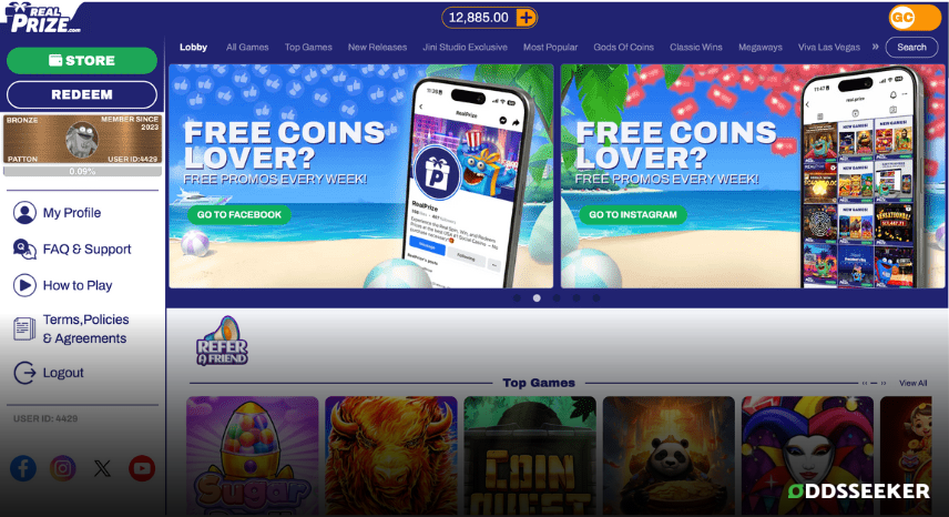 Screenshot of the RealPrize Casino Lobby