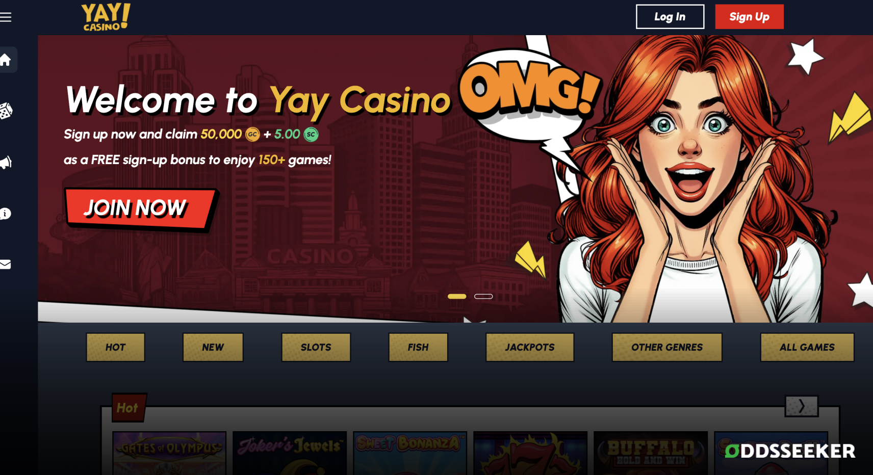 YAY Crypto sweepstakes casino desktop login lobby screenshot