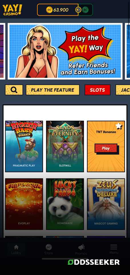 YAY Crypto sweepstakes casino mobile games library screenshot