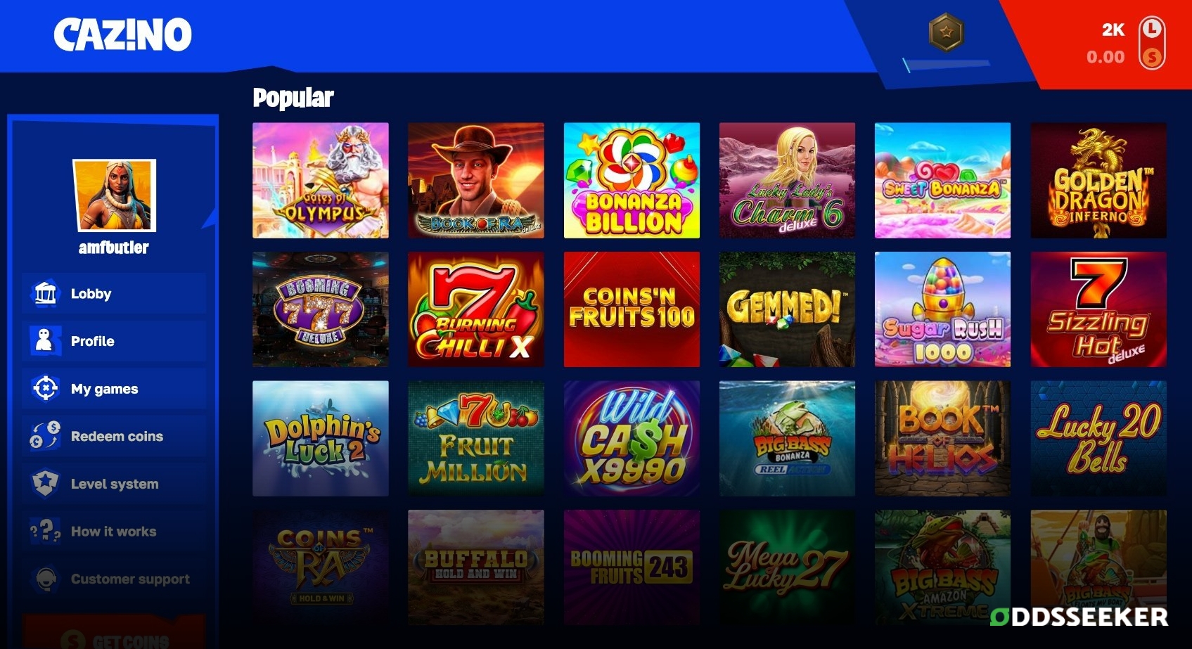 A screenshot of the desktop casino games library page for Cazino