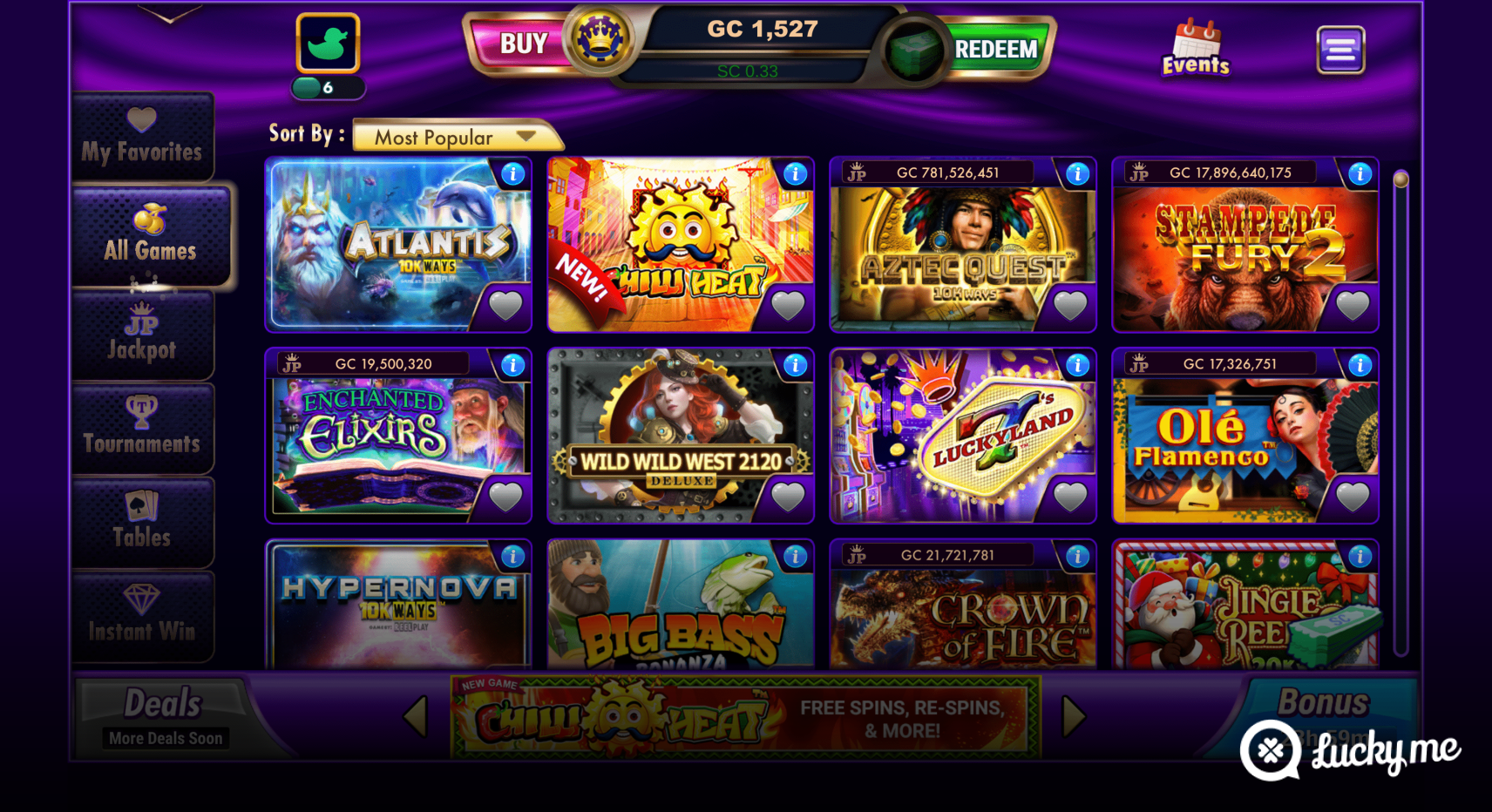 A screenshot of the desktop game library of LuckyLand Slots casino.