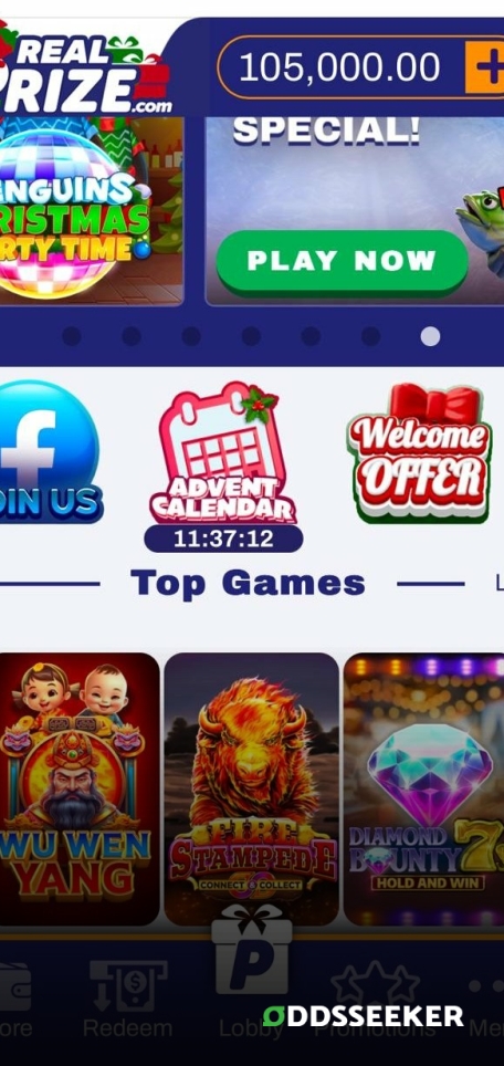 A screenshot of the mobile casino games library page for RealPrize