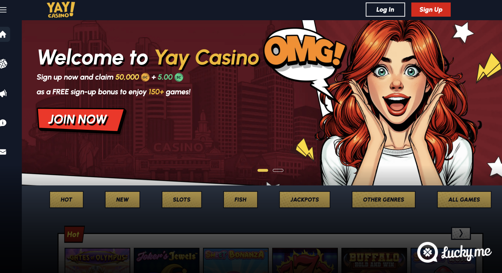 YAY Crypto sweepstakes casino desktop login lobby screenshot