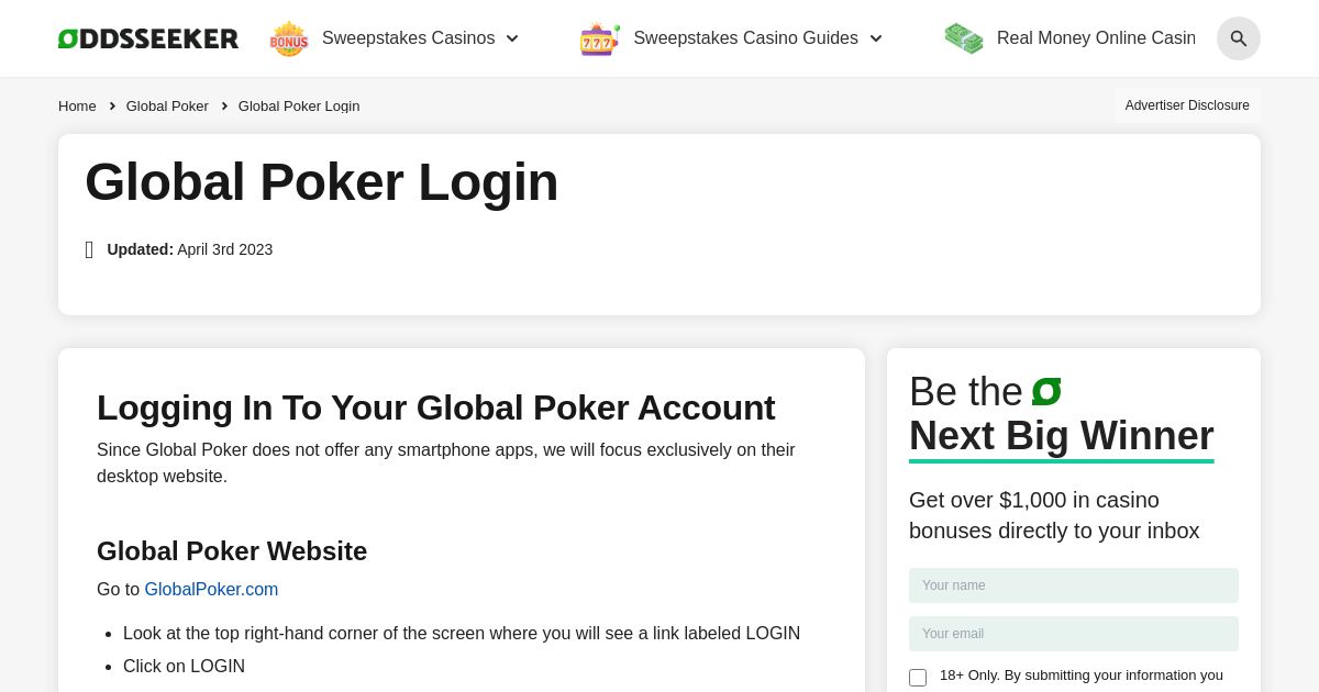 Global Poker Login - Get 200,000 Gold Coins + 40 FREE Sweeps Coins