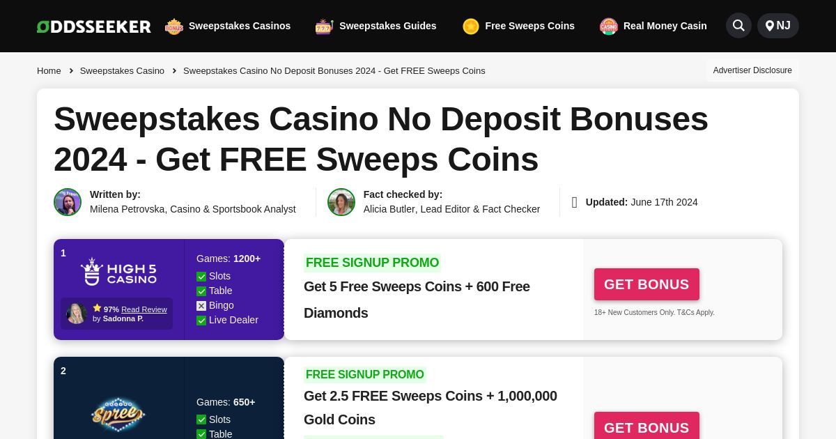 Best Sweepstakes Casino No Deposit Bonuses 💰 Get $402 FREE Sweeps Coins