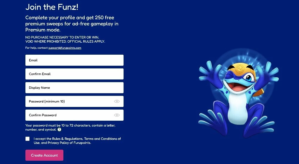 Screenshot of the Funzpoints Casino signup page