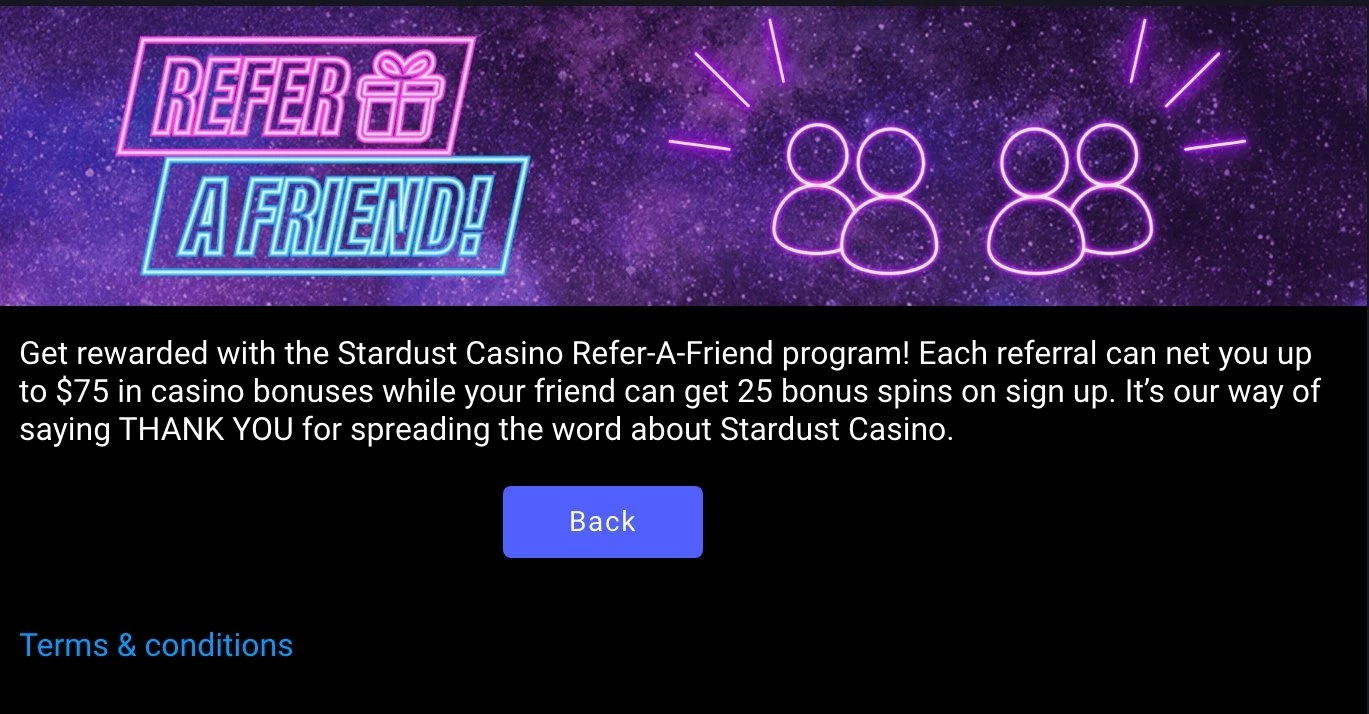 Screenshot of the Stardust Casino Refer a Friend Bonus