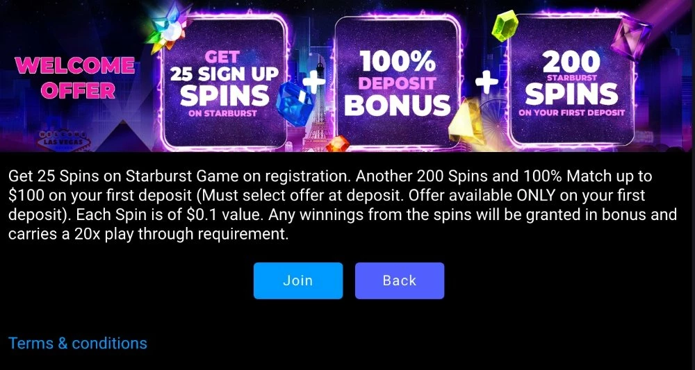 Screenshot of the Stardust Casino No Deposit Welcome Bonus 25 Free Spins on Starburst slot game