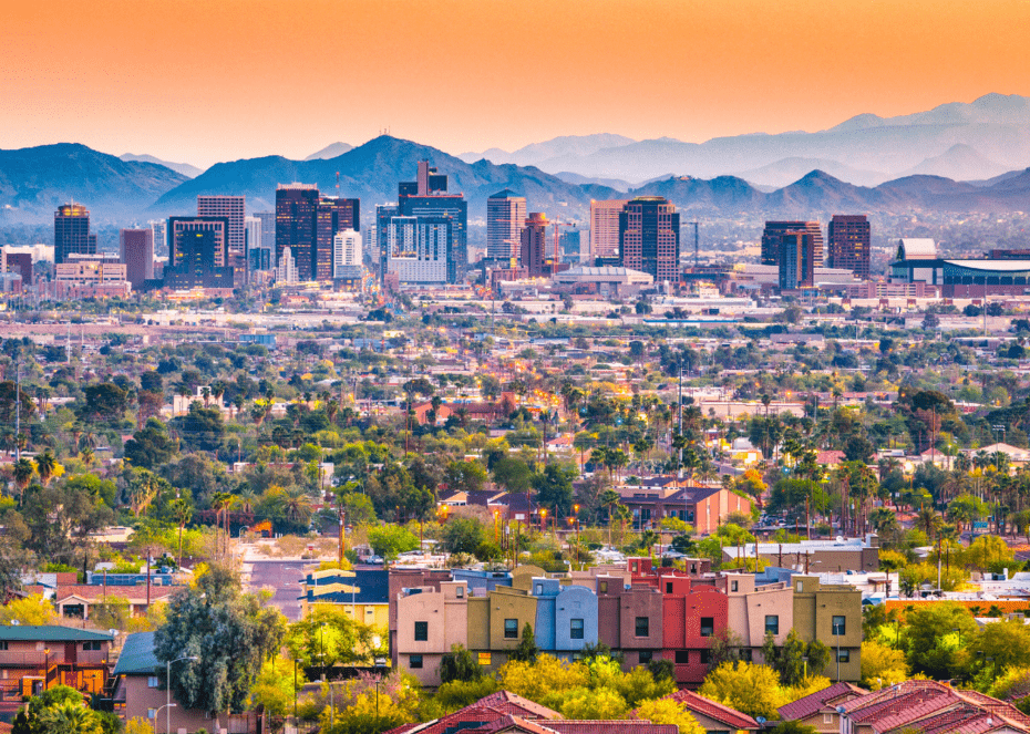 An evening aerial view of the Phoenix, Arizona skyline