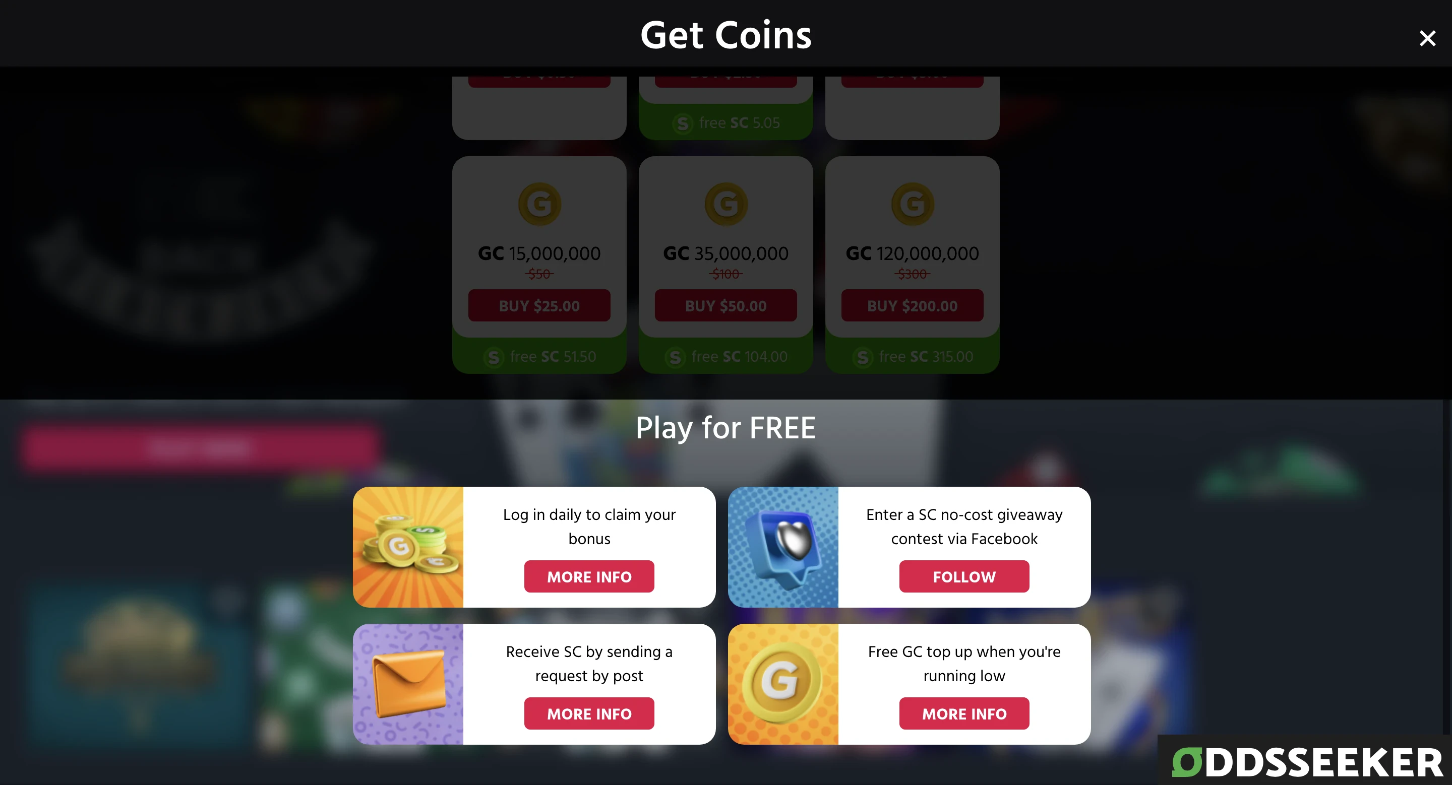 Screenshot Chumba Casino Free Coins Page - Daily login bonus, request by mail, Facebook giveaway, free GC top-ups