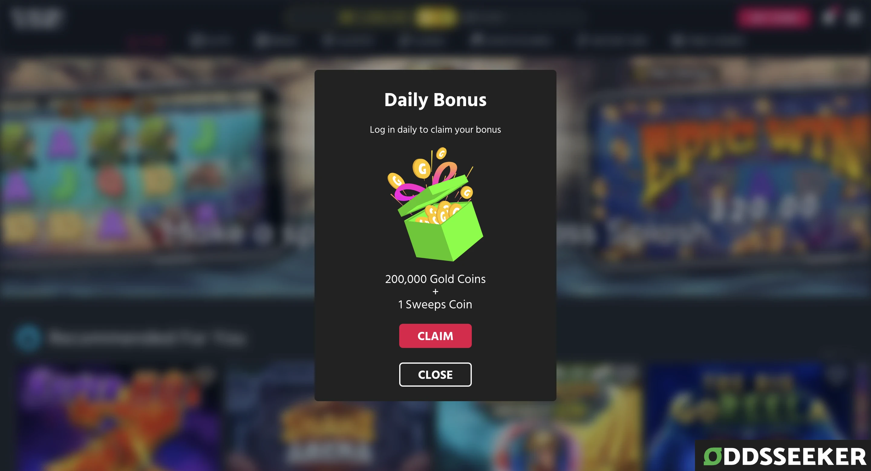 Screenshot of Chumba Casino - Daily login bonus page, black pop-up box with a drawing of a green gift box with gold coins. Text: 200,000 GC + 1 FREE SC