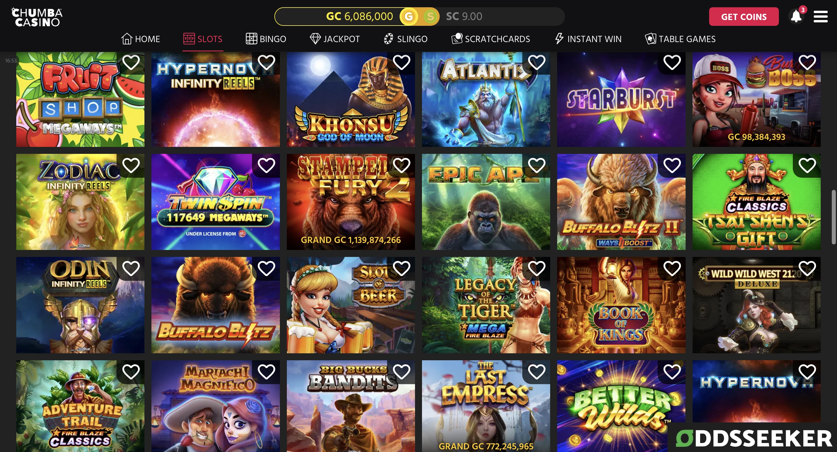 Screenshot of 24 Chumba Casino slots with the OddsSeeker watermark logo in the bottom right hand corner of the screen.