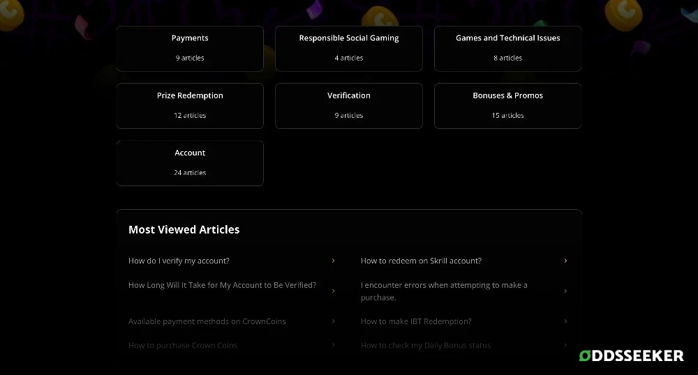 Screenshot of Crown Coins Casino Customer Support