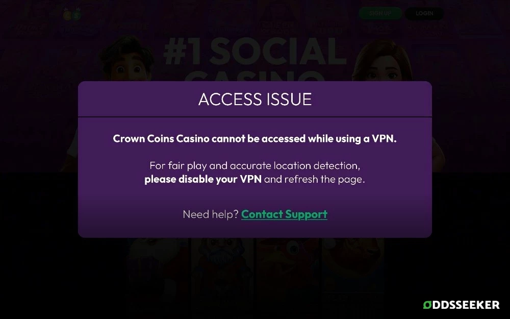 Screenshot of Crown Coins Casino VPN Policy