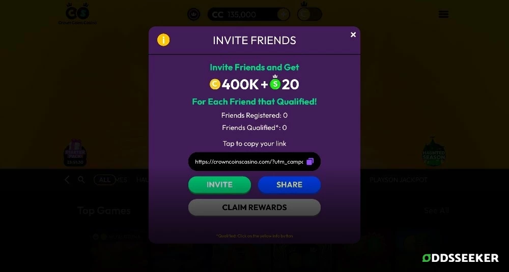 Screenshot of Crown Coins Friend Referral Bonus