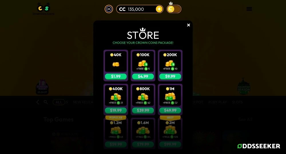 Screenshot of Crown Coins Gold Coin Purchases