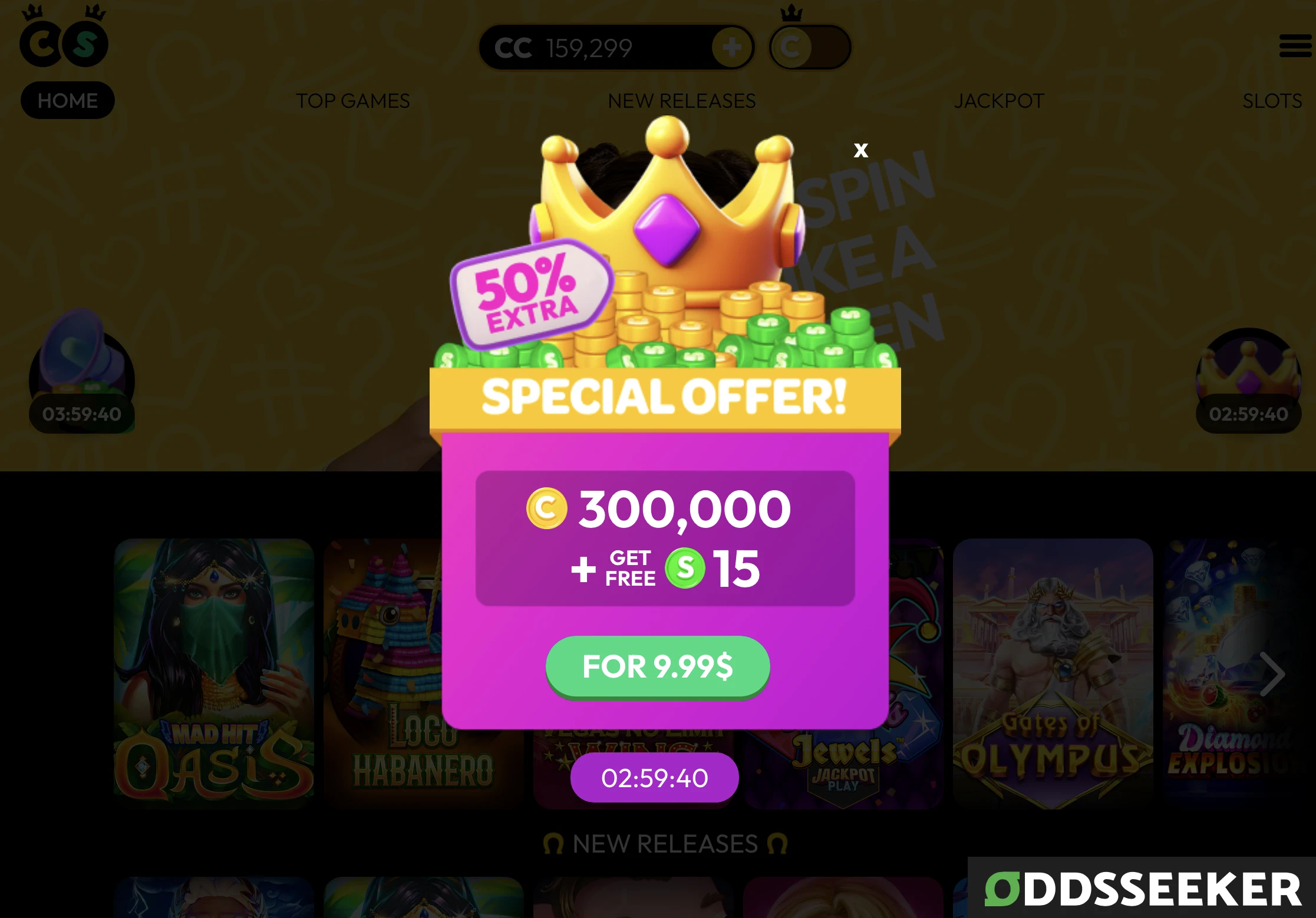 Screenshot of an example of a pop-up ad promo at Crown Coins - get 300,000 GC for .99, plus 15 FREE SC