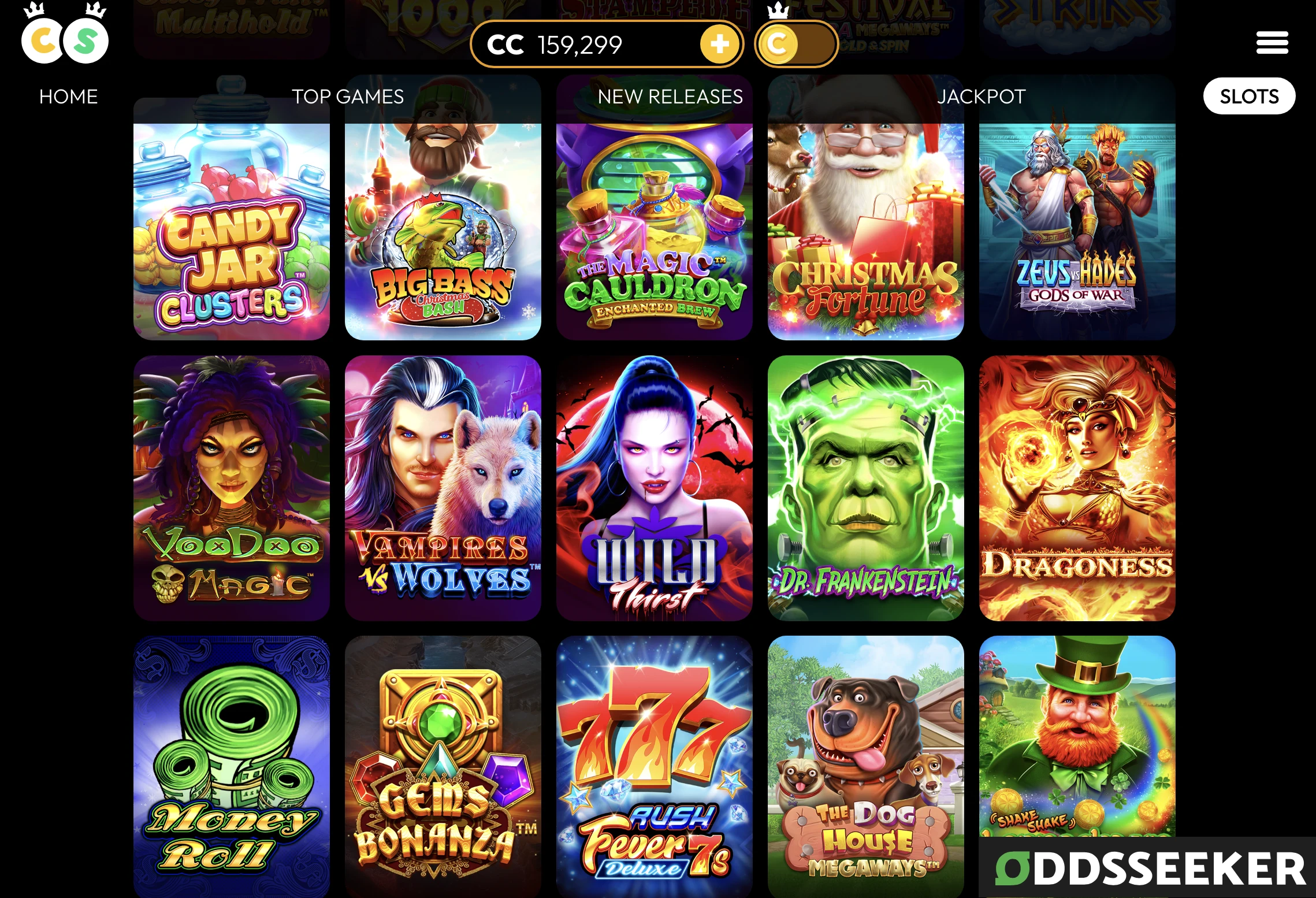 Screenshot of 15 games in Crown Coins lobby - inlcuding Big Bass Christmas Bash, The Magic Cauldron, and Dr. Frankenstein