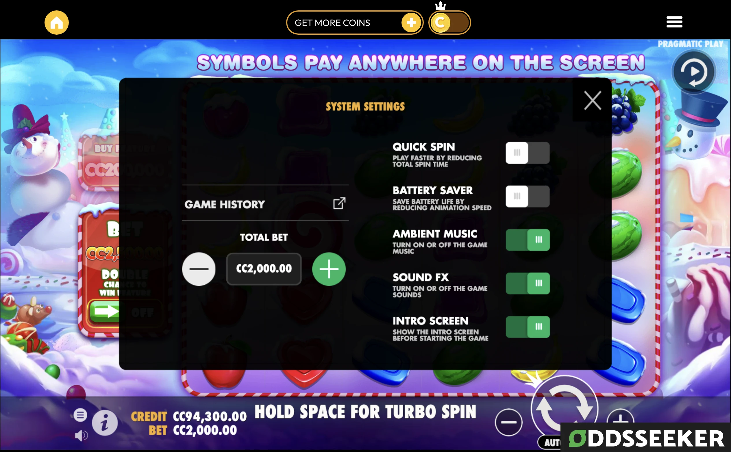 Screenshot of the game settings page in the Sweet Bonanza Xmas game, including bet amounts, sound effects, intro screen, and quick spin controls.