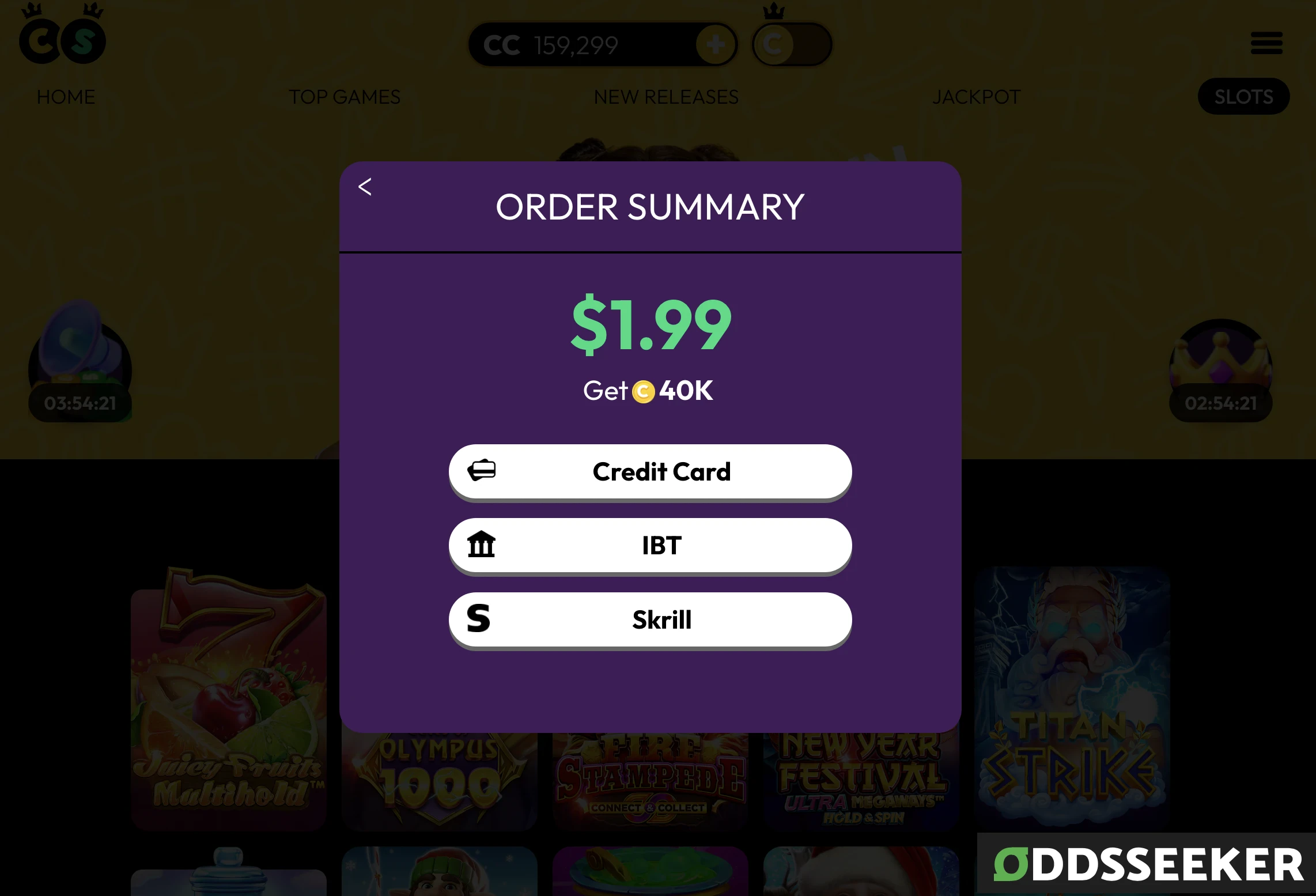 screenshot of CC Casino payment methods, including credit card, IBT, and Skrill on