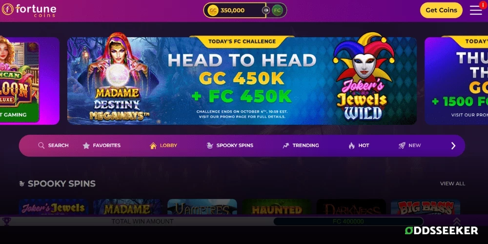 Screenshot of Fortune Coins Casino Homepage