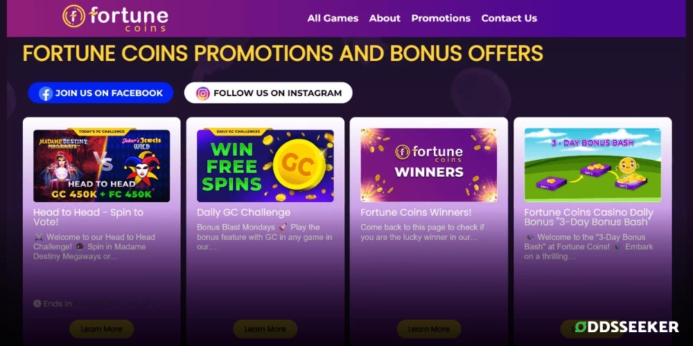 Screenshot of Fortune Coins promotions and bonus offers