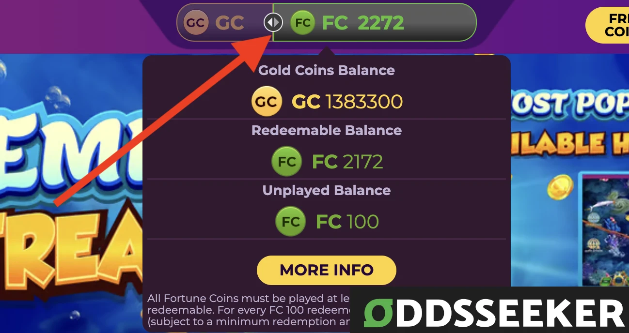 Screenshot of Fortune Coins Casino focused on the Sweepstakes Mode Toggle
