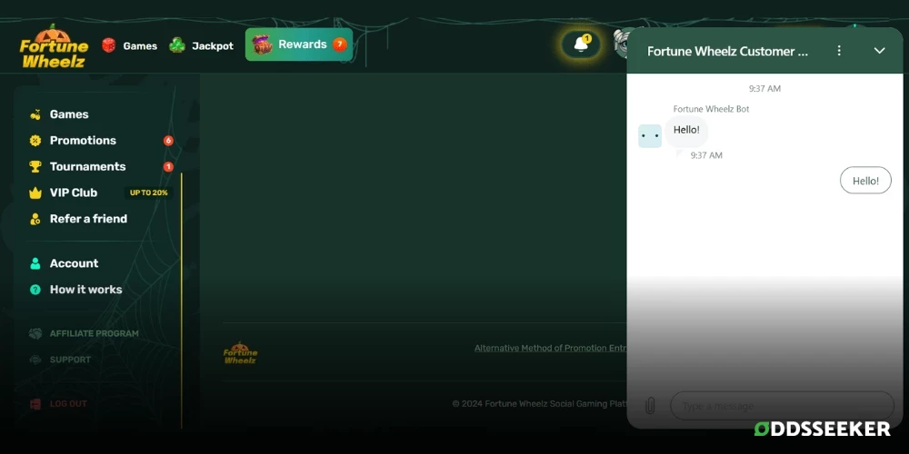 Screenshot of the Fortune Wheelz Customer Support page