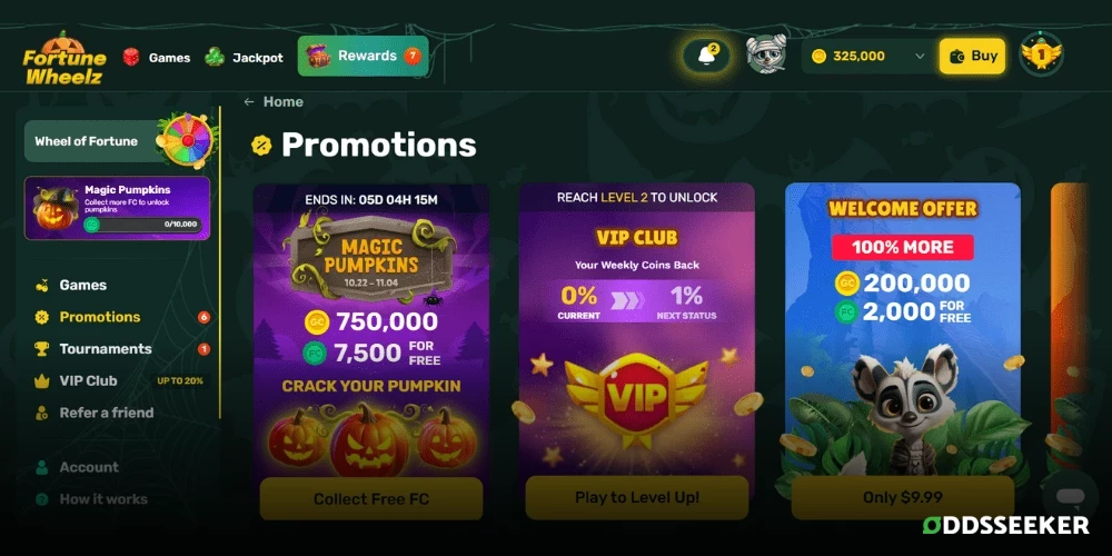 Screenshot of Fortune Wheelz Promotions Page