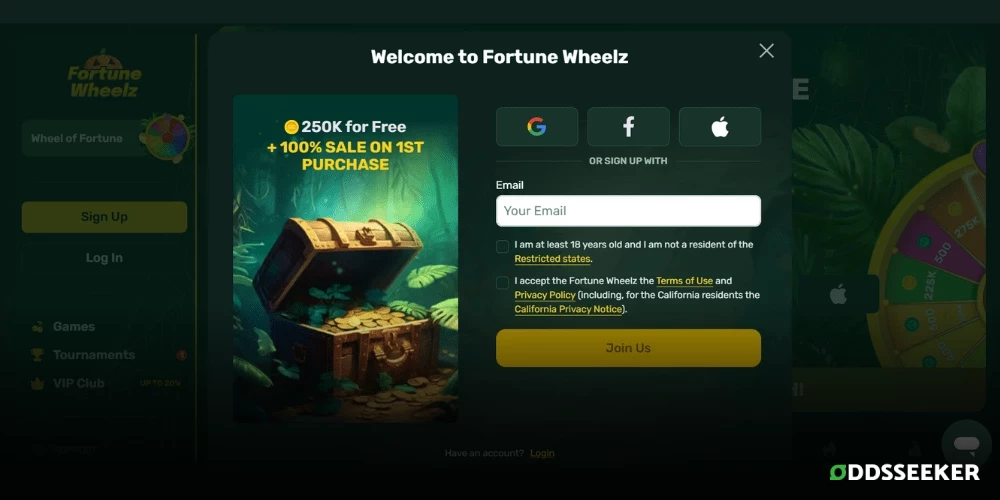 Screenshot of Fortune Wheelz sign-up process