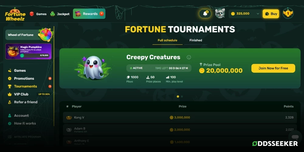 Screenshot of Fortune Wheelz tournaments