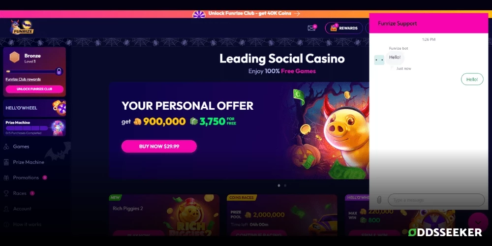 Screenshot of Funrize Casino Customer Support