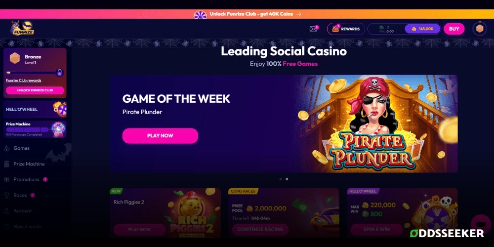 Screenshot of Funrize Casino Homepage