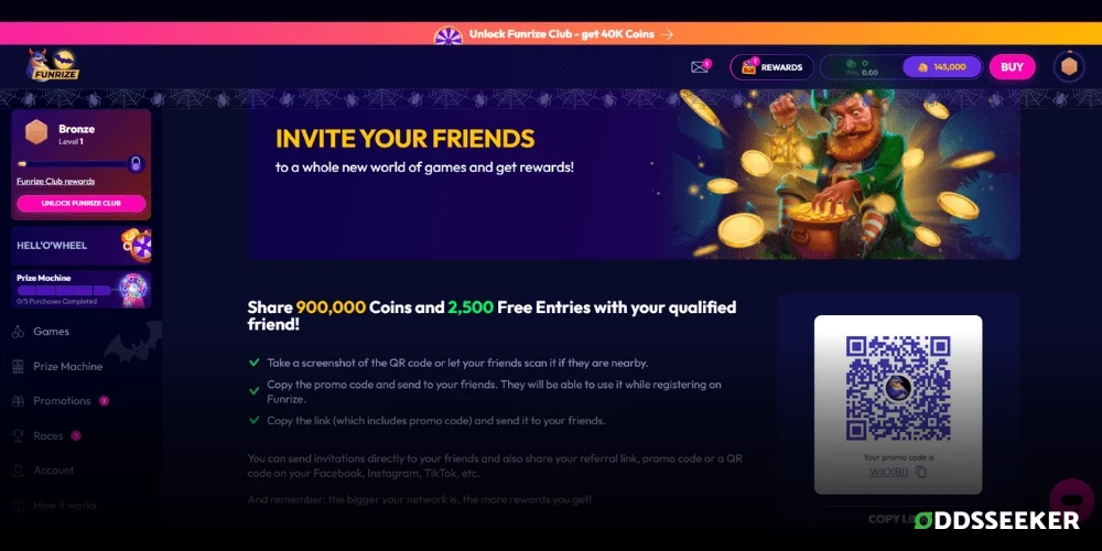 Screenshot of Funrize Casino Invite Your Friend Promotion Page