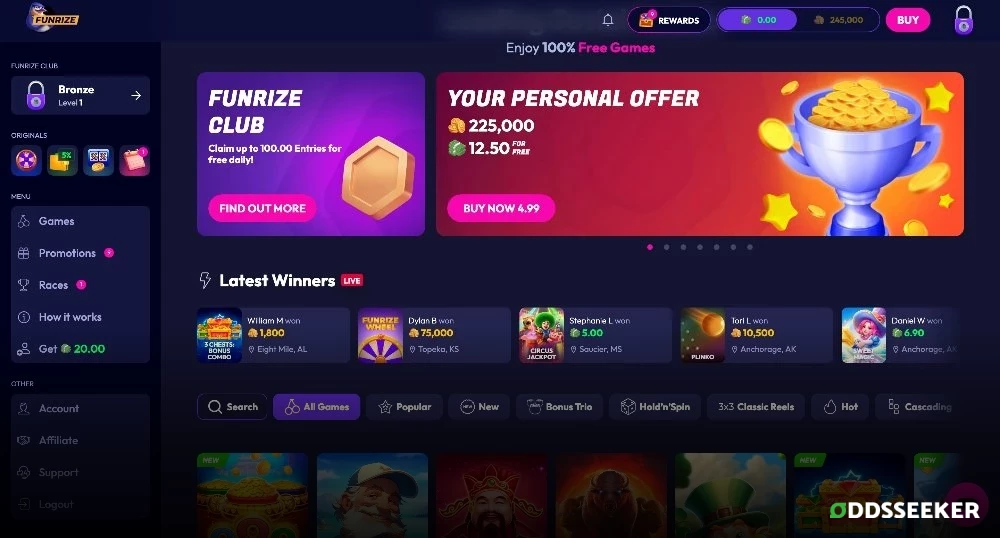 Screenshot of Funrize Casino Lobby