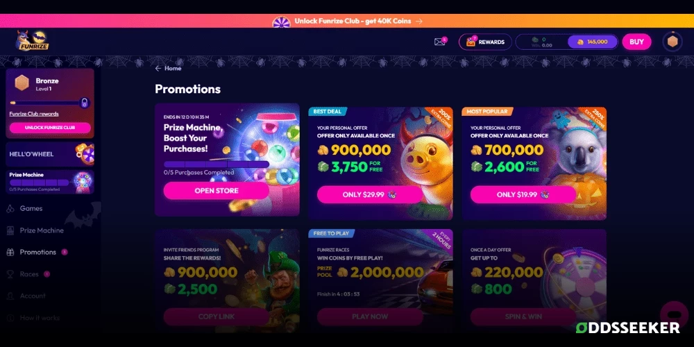 Screenshot of Funrize Casino Promotions Page