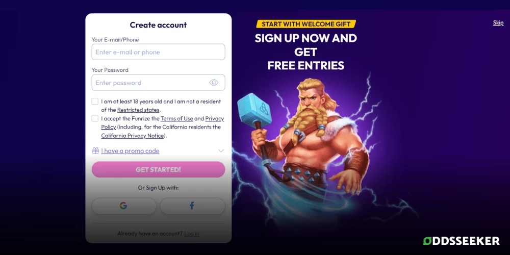 Screenshot of Funrize Casino Sign Up Process Page