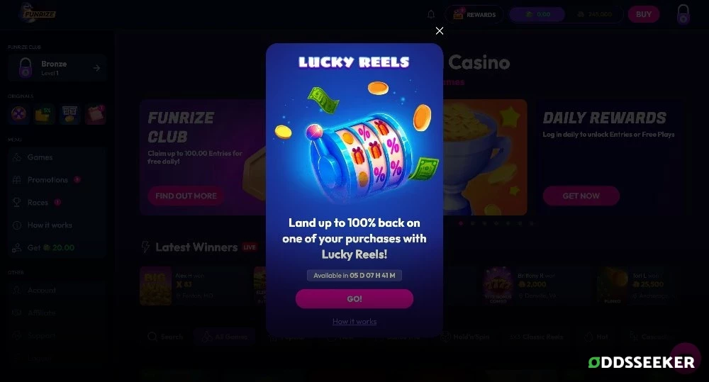 Screenshot of Funrize Lucky Reels Program