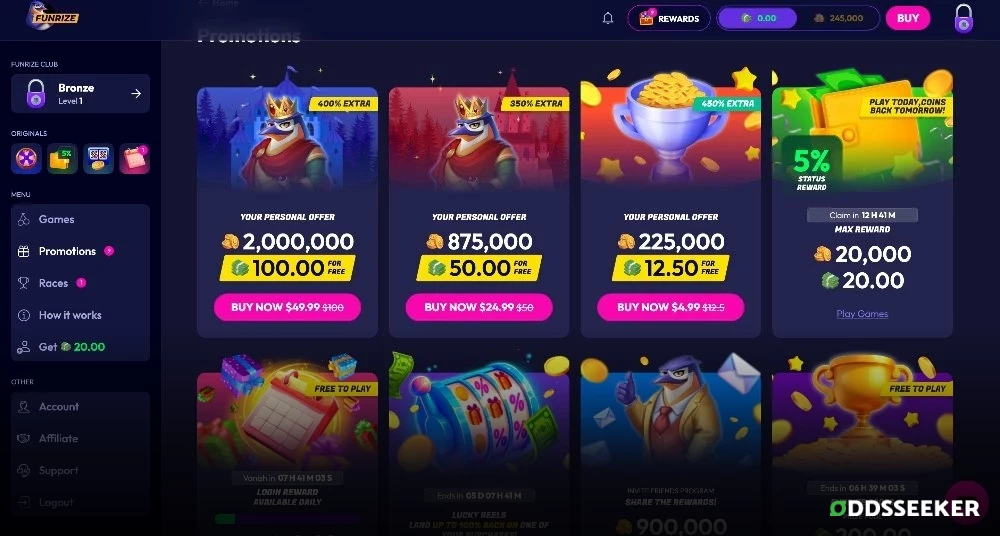 Screenshot of Funrize Promotions for Existing Players