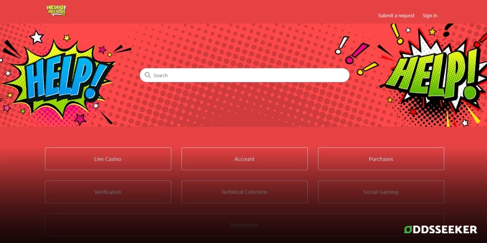 Screenshot of the Hello Millions Casino Customer Support page featuring contact options and assistance resources.