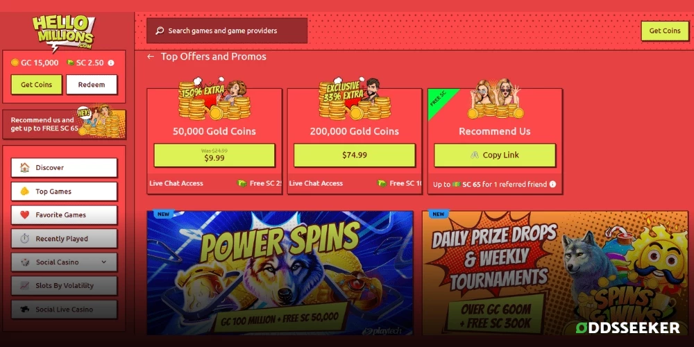 Screenshot of the Hello Millions Casino Promotions page highlighting current bonus offers and deals.