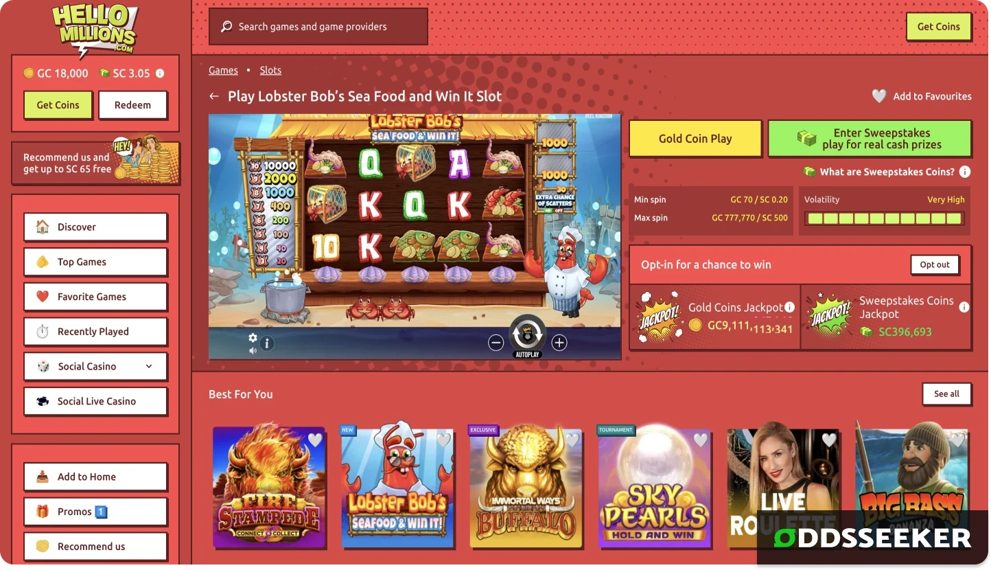 Title card screenshot of Lobster Bob's Sea Food & Win slot at Hello Millions casino