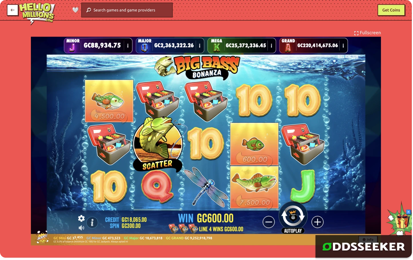 In-game screenshot of the live gameplay of Big Bass Bonanza slot at Hello Millions casino