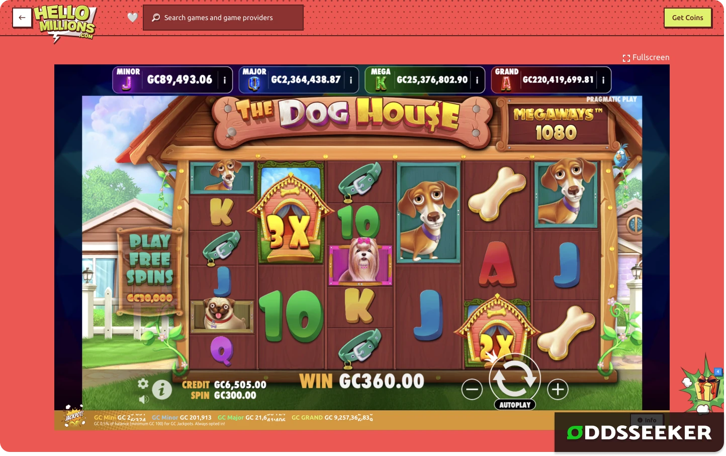 In-game screenshot of the live gameplay of The Dog House slot at Hello Millions casino