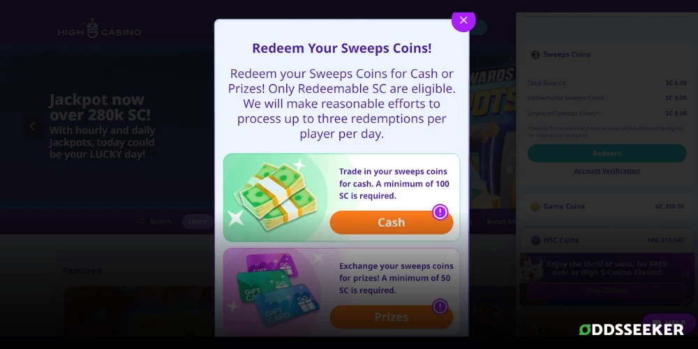 Screenshot of High 5 Casino redemption process