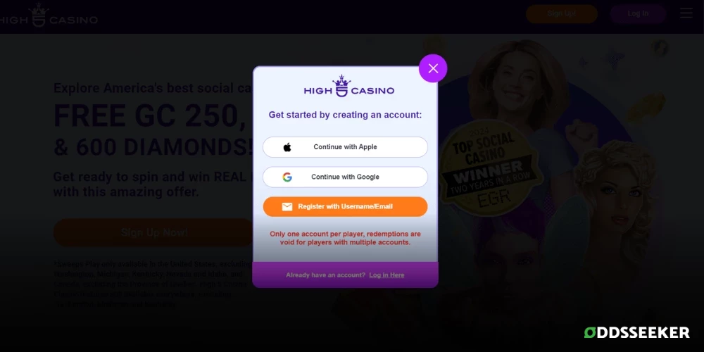 Screenshot of High 5 Casino sign-up process