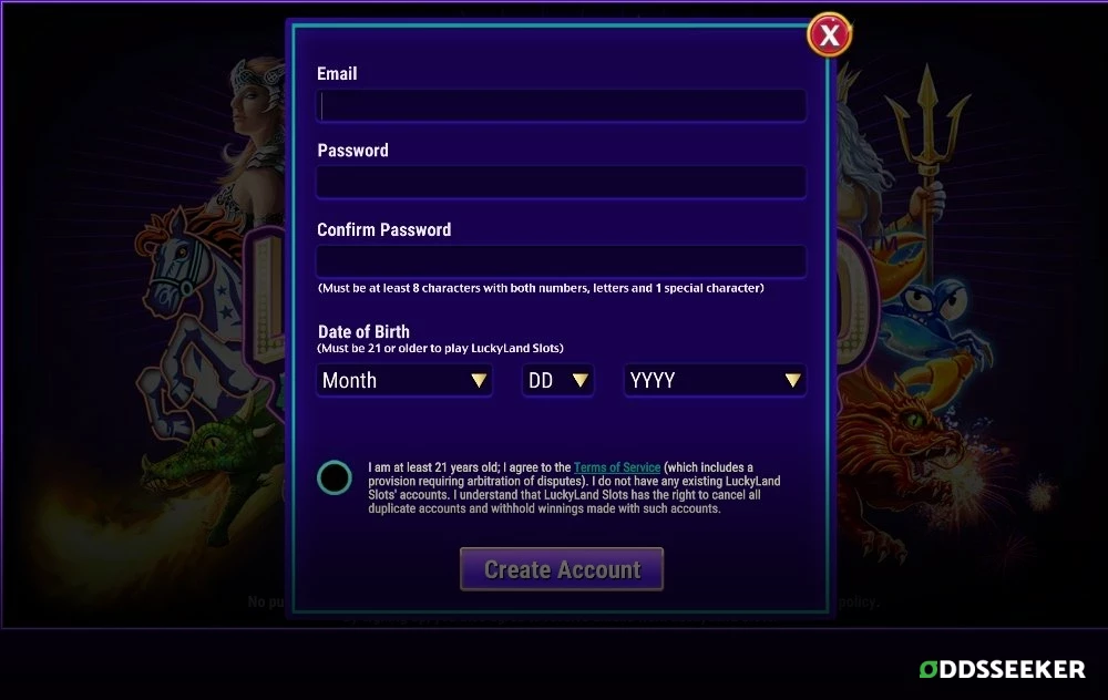 Screenshot of LuckyLand Slots Signup Page