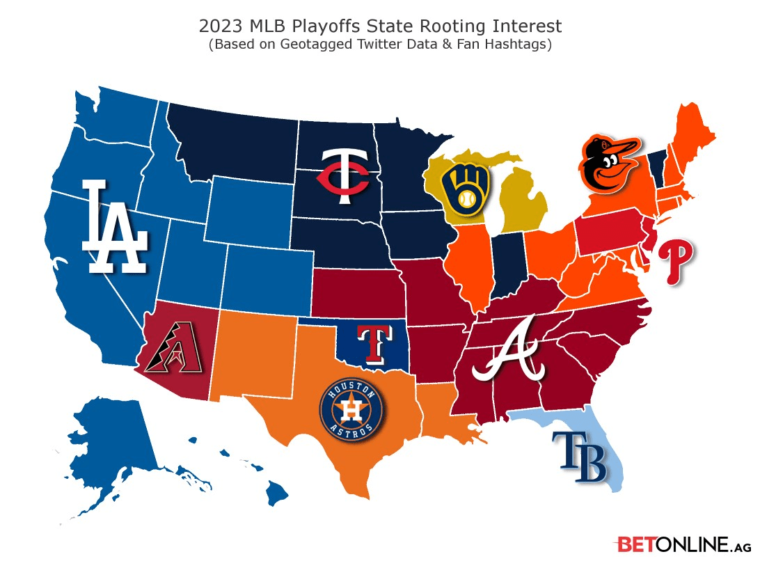 Map showing state-by-state rooting interests for the 2023 MLB playoffs